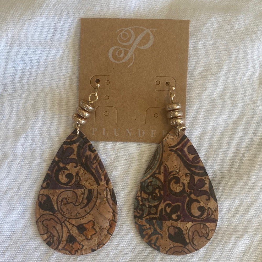 Plunder cork dangle earrings light weight purple black blue tan gold tone